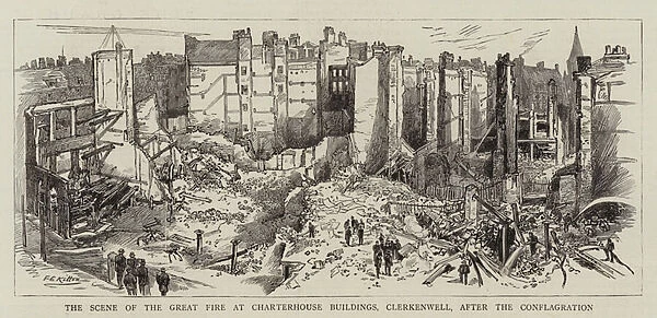 The Scene of the Great Fire at Charterhouse Buildings, Clerkenwell, after the Conflagration (engraving)