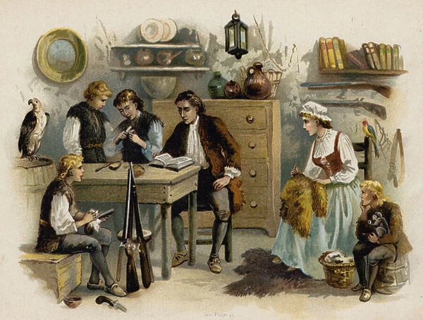 Scene from The Swiss Family Robinson: Father reading to the family in Rock Castle (chromolitho)