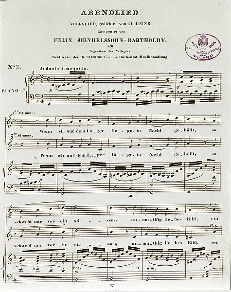 Score page of Abendlied by Felix Mendelssohn (litho)