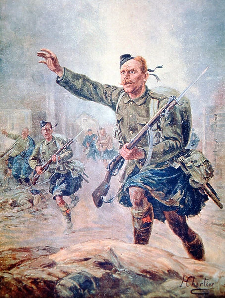 Scots Highlander wearing a kilt in battle on the Western Front (colour litho)