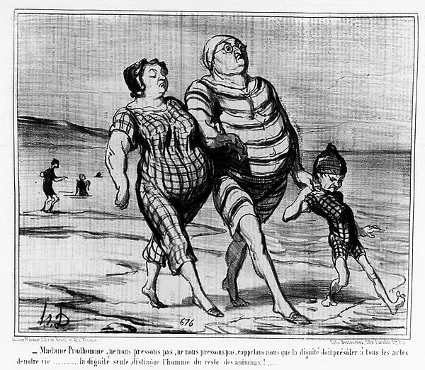 At the sea baths: Parisian family walking on a beach - by Daumier