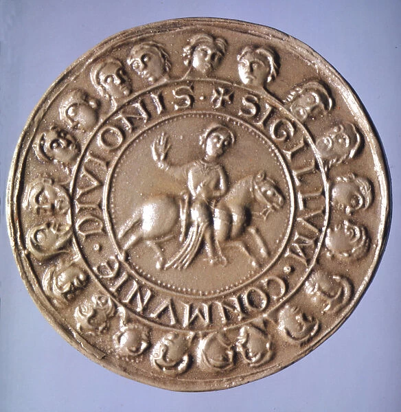 Seal of Dijon, 1308. The effigies around the knight represent the 'Echevins'