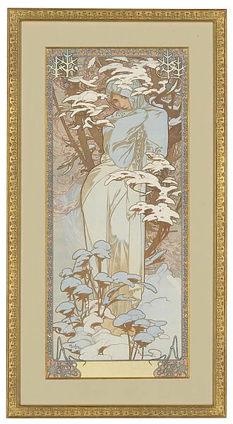 Four Seasons: Winter, 1900 (colour litho on silk)