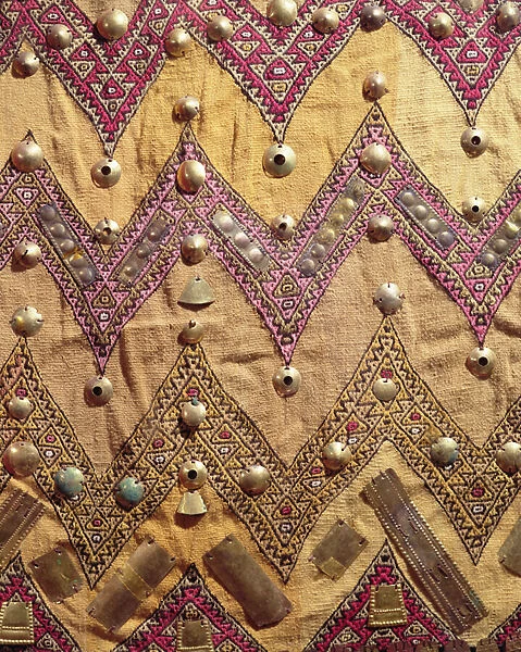 Section of embroidered fabric with gold plaques, from Chancay, Peru