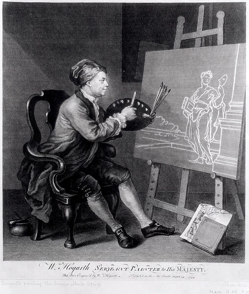 Self Portrait Painting the Comic Muse, engraved by the artist, pub. 1758 (engraving)