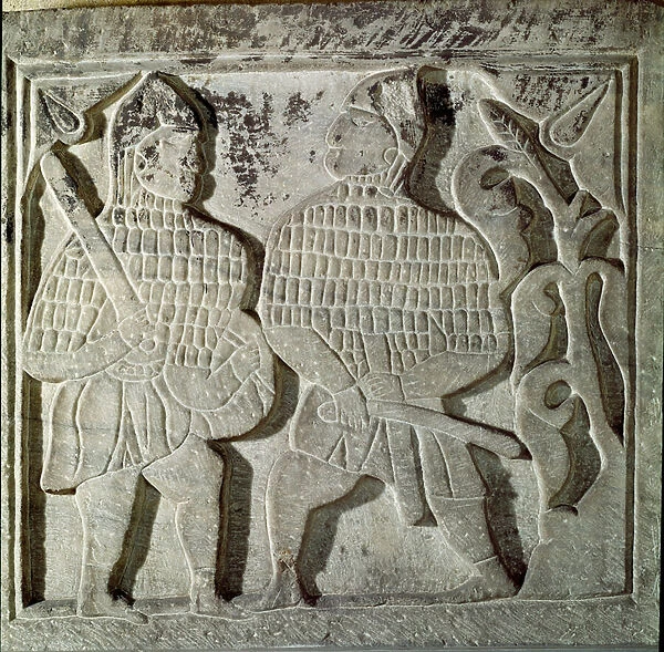 Seljukide Art (Seljukide or Saljuqide): low relief representing two warriors