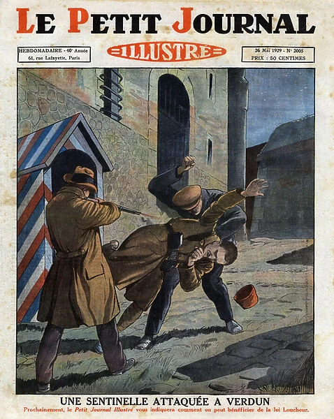 Sentinel of the Citadel of Verdun is attacked and finds wounded on the ground. Engraving in 'Le petit Journal Illustre', on 26  /  05  /  1929