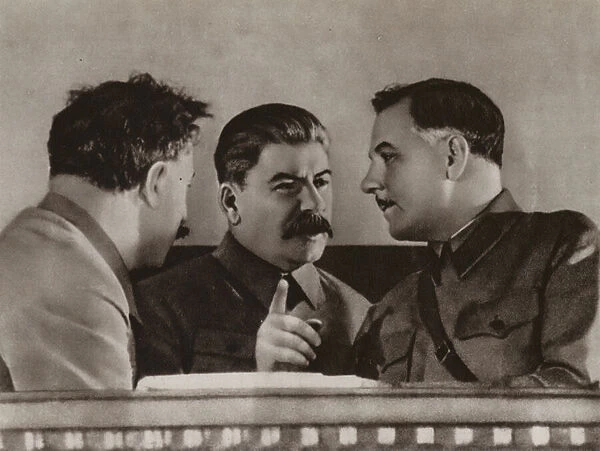 Sergo Ordzhonikidze, Joseph Stalin and Kliment Voroshilov, Soviet politicians (b  /  w photo)