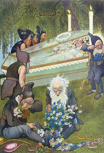 The Seven Dwarves Mourning Snow White, 1911 (colour litho)