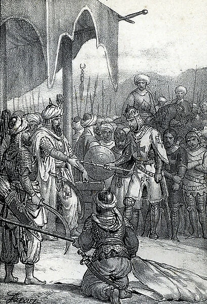 Seventh Crusade: King Louis IX was taken prisoner at the Battle of Fariskur on 6 April 1250 (Seventh Crusade: King Louis IX prisoner at the Battle of Fariskur, 6th April 1250) Drawing from 'Misteri del Vaticano' by Franco Mistrali, 1866