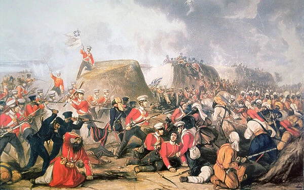 Sgt. McCabe raises the colours on the ramparts at the Battle of Sobraon (colour litho)