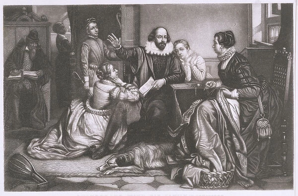 Shakespeare with his Family, at Stratford, Reciting the Tragedy Hamlet (stipple engraving