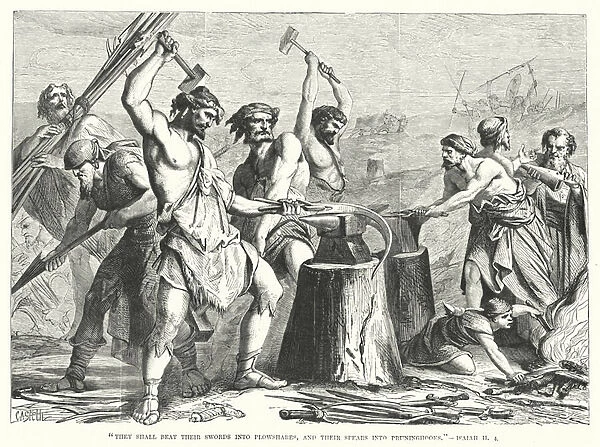 They shall beat their swords into plowshares, and their spears into pruninghooks, Isaiah II, 4 (engraving)
