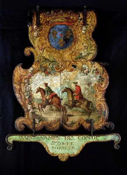 Sign for the Royal Mail of Chantilly with the Conde coat of arms (painted metal)