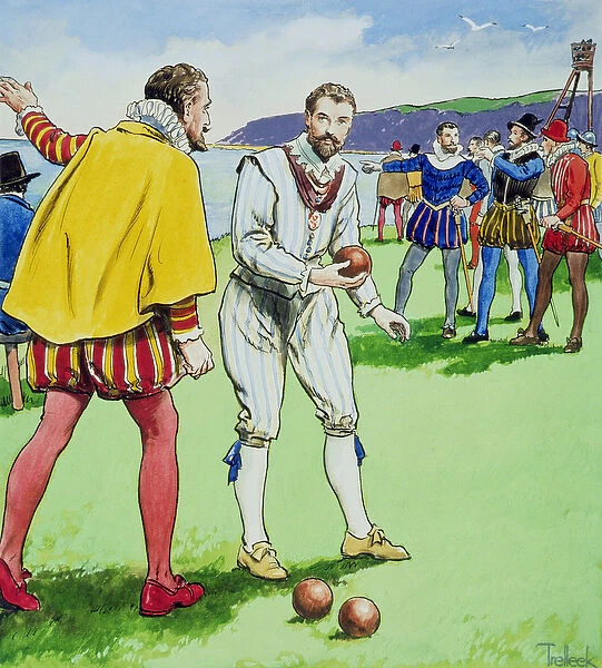 Sir Francis Drake (1540  /  3-96) playing bowls, from Peeps into the Past
