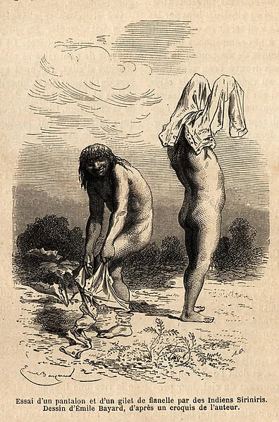 Two Siriniris Indians try to coat up pants and vest, which a member of the expedition had
