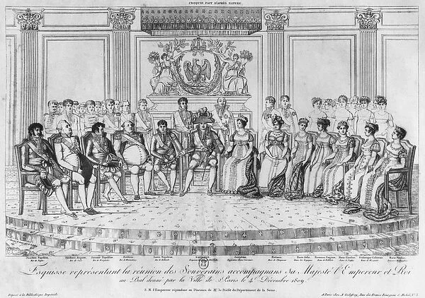Sketch depicting Napoleon I and the sovereigns at the ball given by the city of Paris