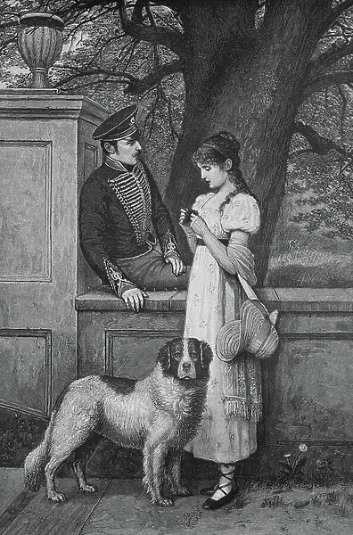 Soldier flirting with a young woman who wants to go for a walk with her dog, 1887, Historic