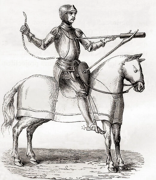 Soldier on horseback using a hand held bombard, late 14th and early 15th centuries