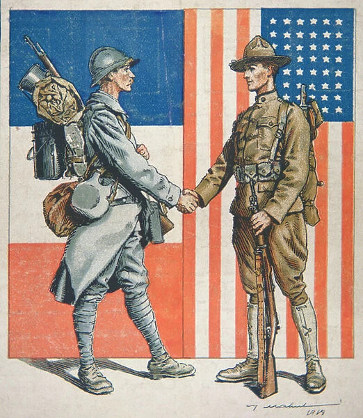 US soldier shaking hands with a French soldier, Americas entry into World War One