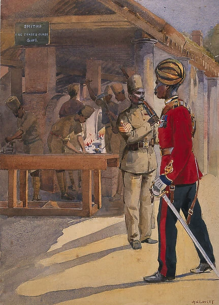 Soldiers of the 2nd Queens Own Sappers and Miners outside The Workshop