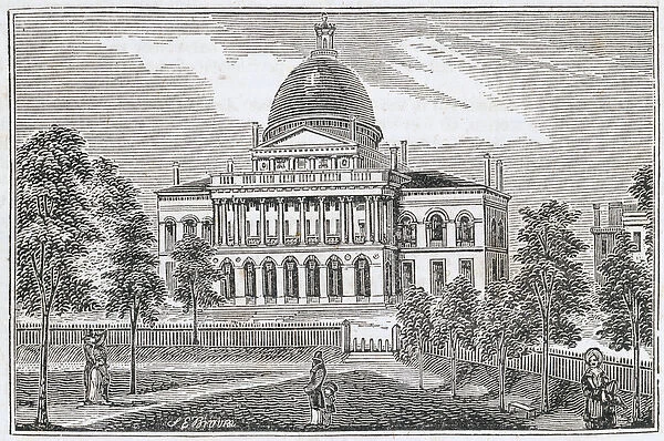 Southern view of the State House in Boston on Beacon Street, from Historical