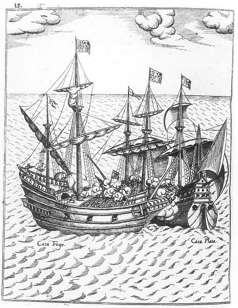 A Spanish Treasure Ship Plundered by Francis Drake (c. 1540-96) in the Pacific (engraving)