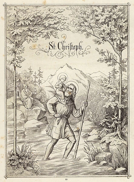 St Christopher, patron saint of travellers, carrying the infant Christ across the river (engraving)