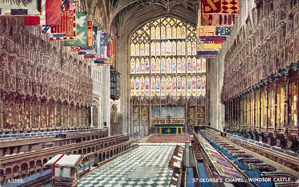 St Georges Chapel at Windsor Castle, Berkshire (colour litho)