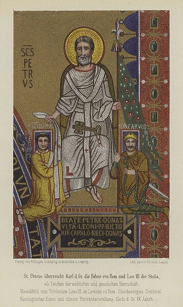 St Peter presenting Charlemagne the flag of Rome and Pope Leo III the stole (colour litho)