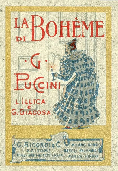 Stamp-sized advertisement for Giacomo Puccinis La Boheme, first performed in 1896 (colour litho)