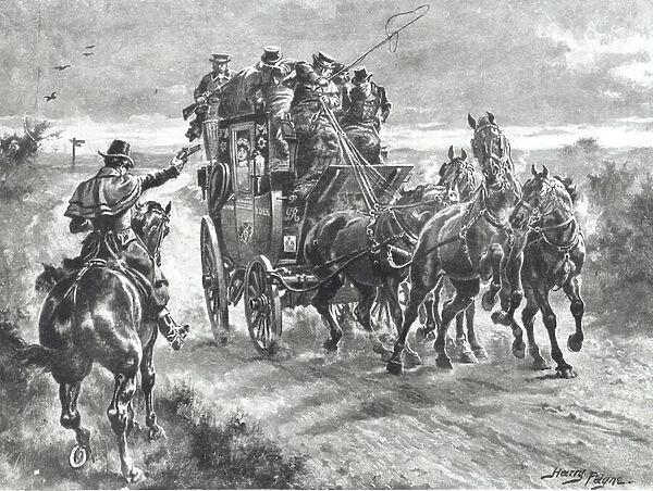 Stand and Deliver, highwayman holds up stagecoach in the early 19th century