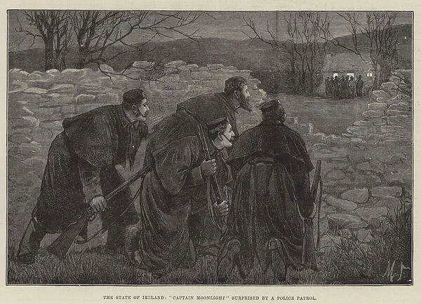 The State of Ireland, 'Captain Moonlight'surprised by a Police Patrol (engraving)