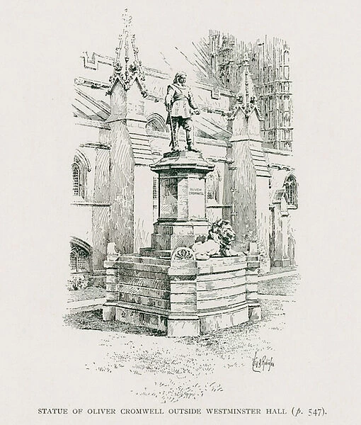 Statue of Oliver Cromwell outside Westminster Hall (litho)