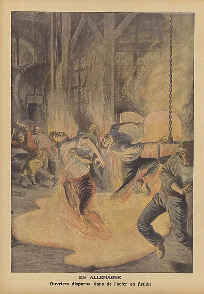 Steelworkers killed by molten steel in Germany (colour litho)