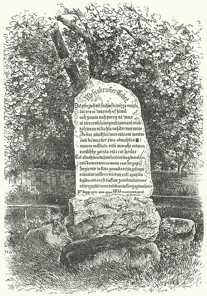 A stone tablet showing The Wessobrunn Prayer (engraving)