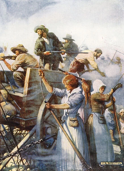 Beside them stood the women quietly loading guns (colour litho)