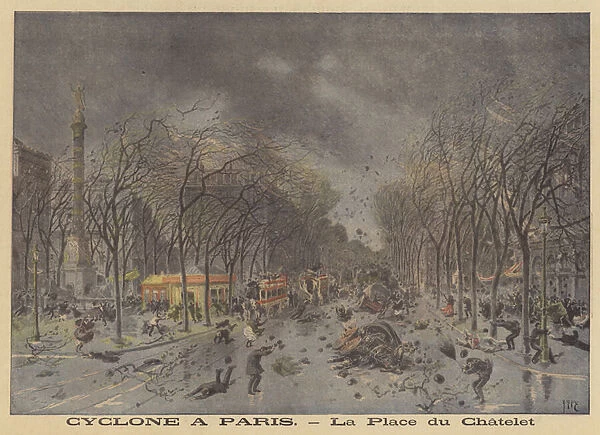 Storm damage in the Place du Chatelet, Paris (colour litho)