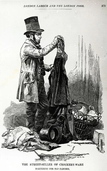 Street-Seller of Crockery Wine Bartering for Old Clothes, illustration taken from The London Labour
