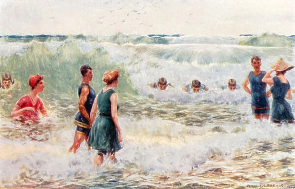 Surf bathing, shooting the breakers (colour litho)