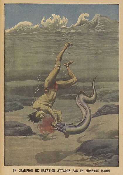 A swimming champion attacked by a sea monster (colour litho)