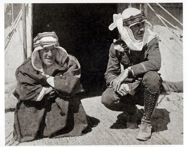 T. E. Lawrence and Mr L. Thomas outside their tent, 1919 (b  /  w photo)