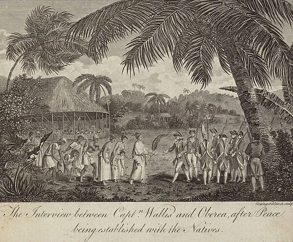 Tahitian Queen Oberea making peace with the British commanded by Captain Samuel Wallis, 1767 (engraving)