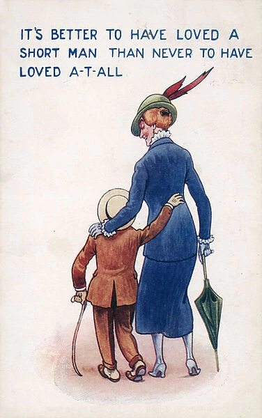 Tall woman with small man (colour litho)
