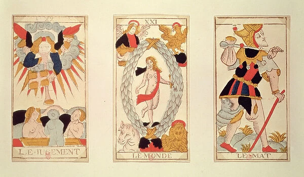 Three tarot cards depicting Judgement, The World and The Fool (coloured wood engraving)