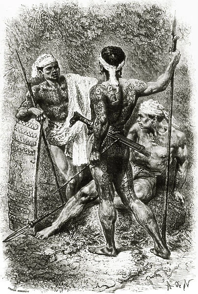 Tattoed warriors from Borneo, c. 1890 (litho)