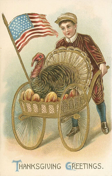 Thanksgiving card with little boy and turkey (colour litho)