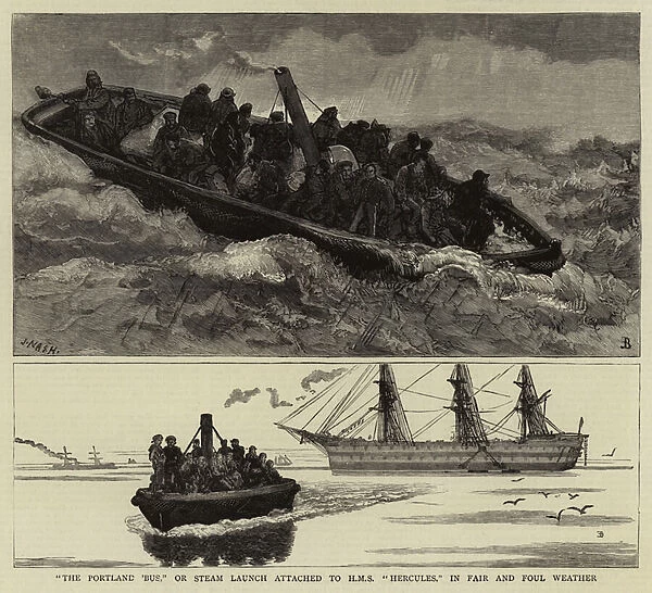 'The Portland Bus, 'or Steam Launch attached to H Ms 'Hercules, 'in Fair and Foul Weather (engraving)
