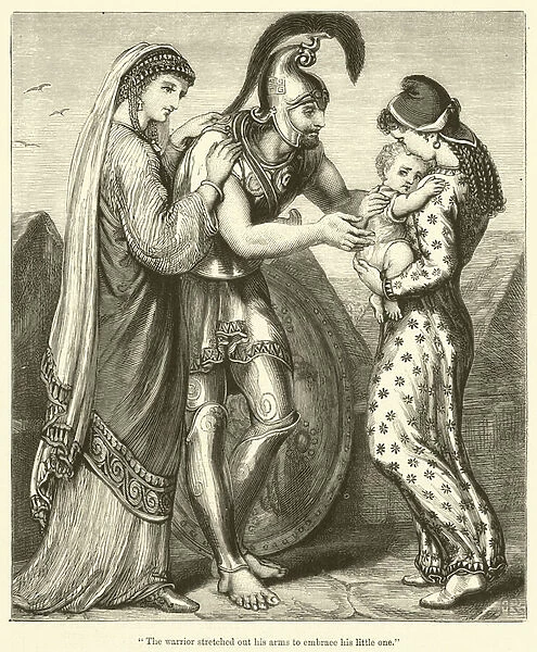 'The warrior stretched out his arms to embrace his little one'(engraving)