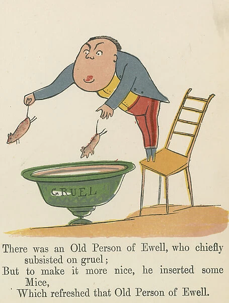 'There was an Old Person of Ewell, who chiefly subsisted on gruel', from A Book of Nonsense, published by Frederick Warne and Co. London, c. 1875 (colour litho)
